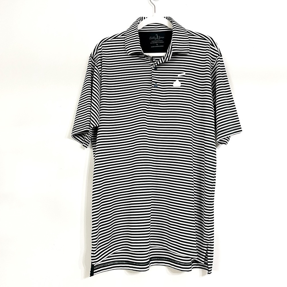 Euc Bobby Jones Golf Men’s Polo Size L Striped Embroidered Hershey Kiss Logo